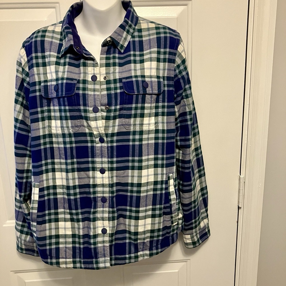 LL Bean Size Small Blue‎ Fleece Lined Plaid Flannel Shirt Jacket Shacket Women's
